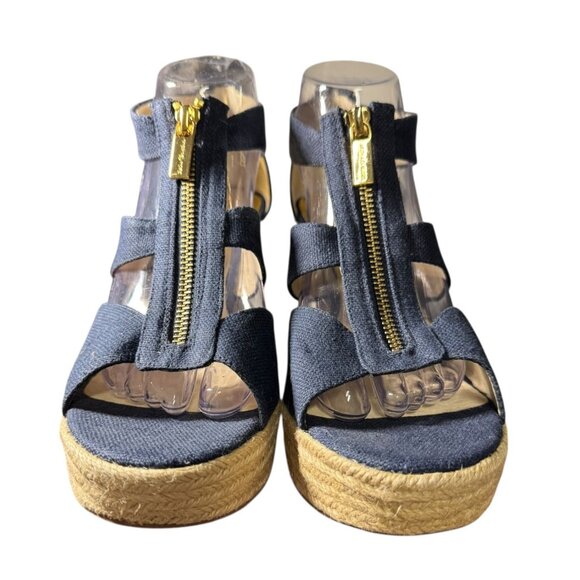 Michael Kors Navy Blue Canvas & Jute Wedge Sandals With Gold Zipper‎ Size 9.5 - Picture 4 of 11